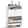 Shoe Cabinet with 2 Flip Drawers, Modern Narrow Shoe Storage Cabinet with Open Compartment, Adjustable Shelves, White