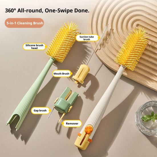 Home Kitchen Gadget 5 in 1 Silicone Cup Brush with Long Handle, Multifunctional Deep Bottle Cleaning Brush, Non-slip Reusable Cleaner for Baby Bottles