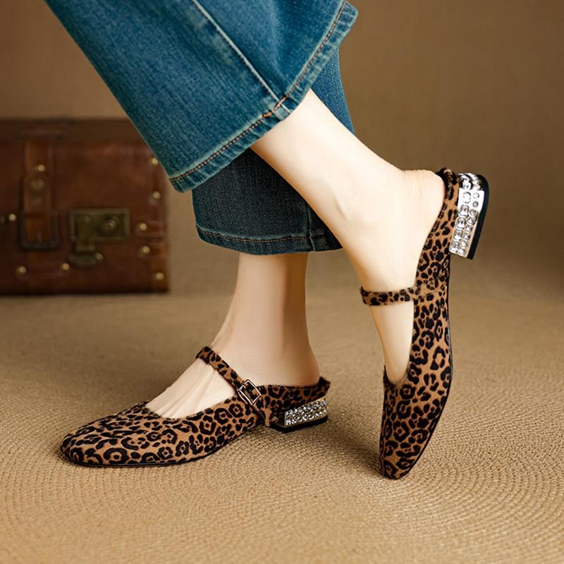 Fashion Women's New Leather Cowhide Spring and Summer Round Toe Low Heel Leopard Print Horsehair Buckle with Toe Cover Mueller Slippers