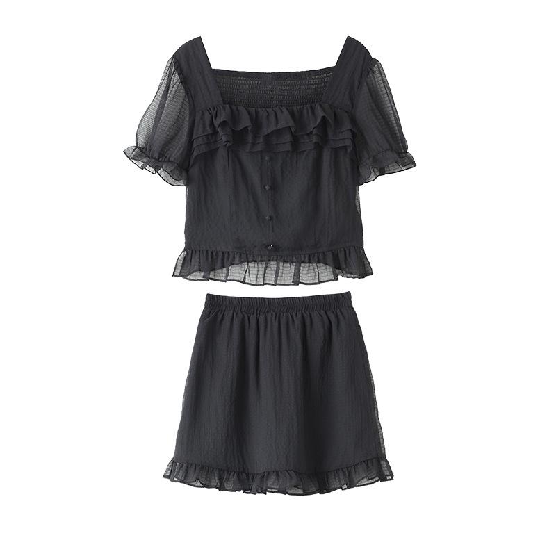 

Комплект в корейском стиле: летний топ из сетки и шифона и юбка-карандаш для женщин 2XL (Recommended 135-150 jin) чёрный