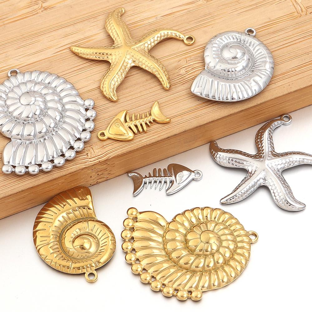 4pcs/lot Stainless Steel Marine Animal Pendant Starfish Conch Fishbone Shape Charms For DIY Necklace Earring Jewelry Accessories
