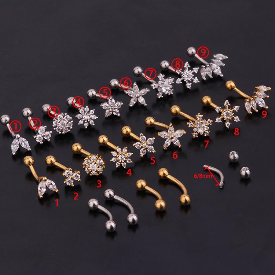 Stainless Steel Zircon Eyebrow Studs: 1.2x6/8mm Curved Rod Cochlear Design