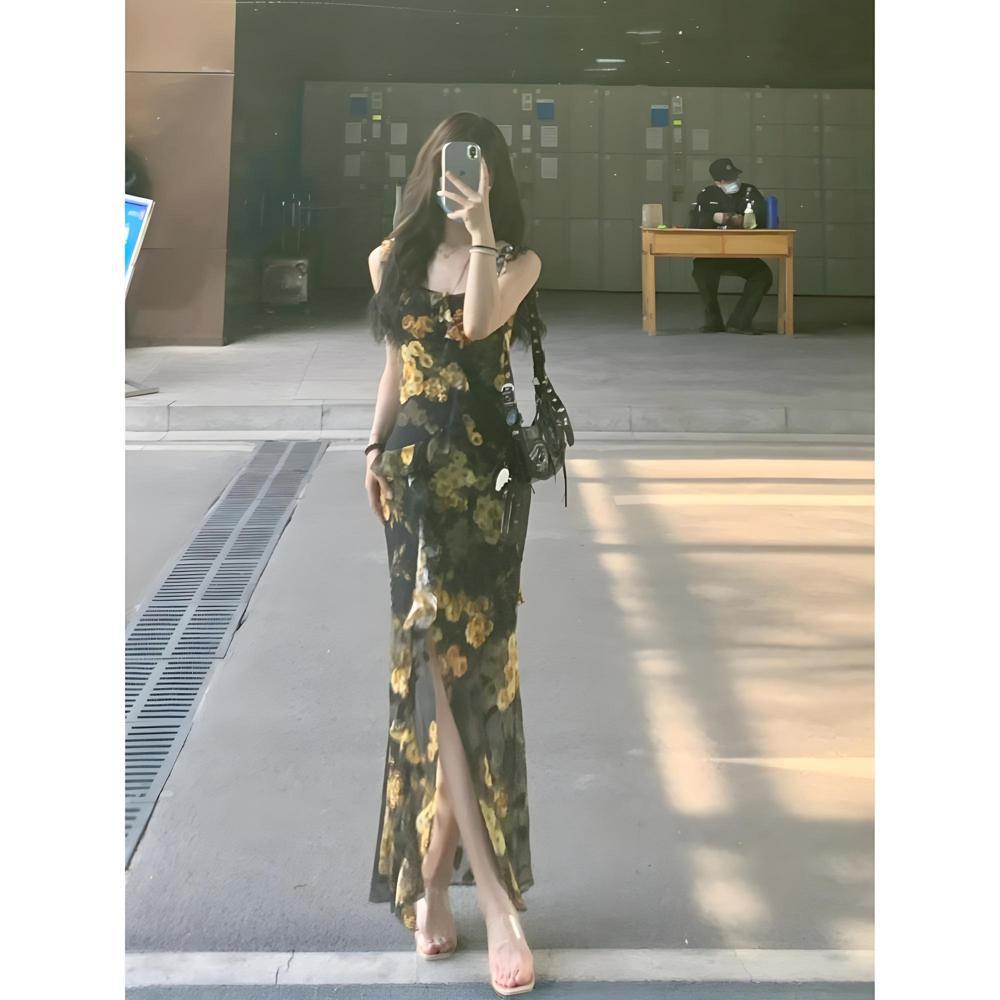 

Французское цветочное платье на подтяжках, детское летнее облегающее, облегающее бедра, красивая и стильная юбка XL- (recommended 110-60kg)