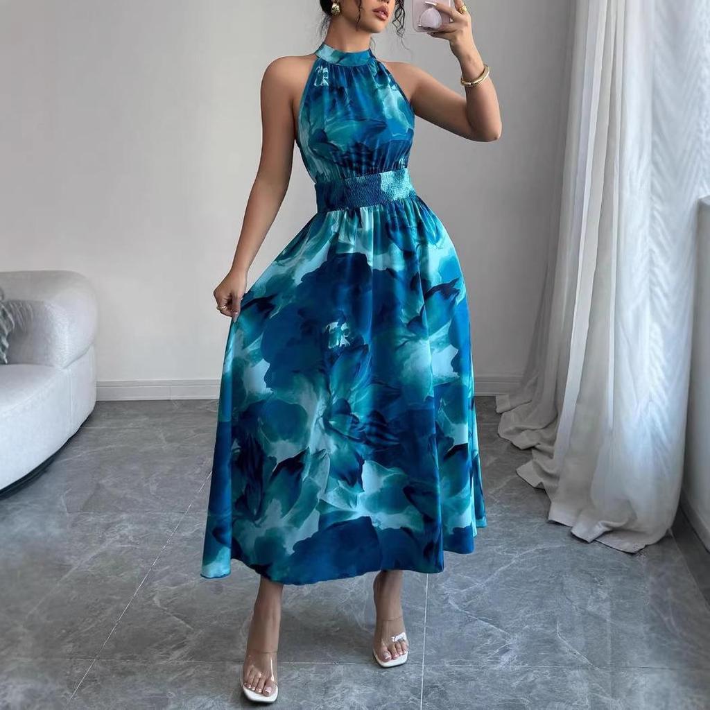 Women's Halter Neck Ruched Waist Sleeveless Ruffle Dress for Summer 2026