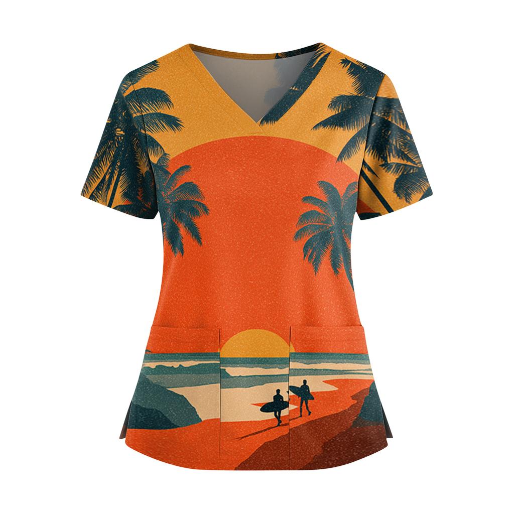 Women's Hawaiian Print V-Neck Double Pocket Short Sleeve Uniform/ Top