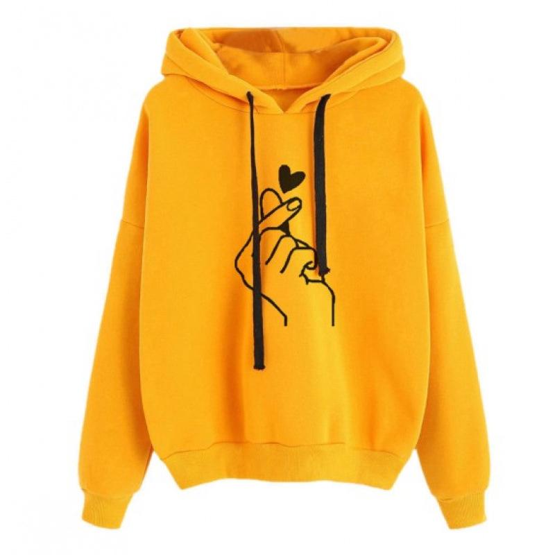 Volná a ležérní tištěná mikina s kapucí a fleecem ve tvaru srdce pro ženy