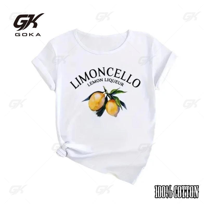 

Summer 100% Pure Cotton Lemon Print Women s Summer Fashion Print Round Neck Print Cute Clothing Top Women s Clothing T-shirt 4XL
