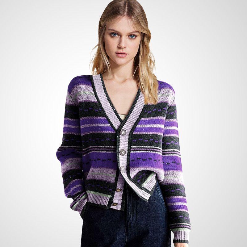 

V-neck Solid Color Fashion Knitted Loose Sweater Purple Stripes S