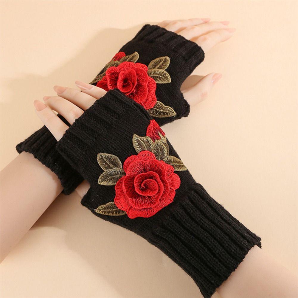 Gift Vintage Embroidery Knitted Gloves Half Finger Floral Fingerless Gloves Waterproof Warm Crochet Flower Mittens Outdoor