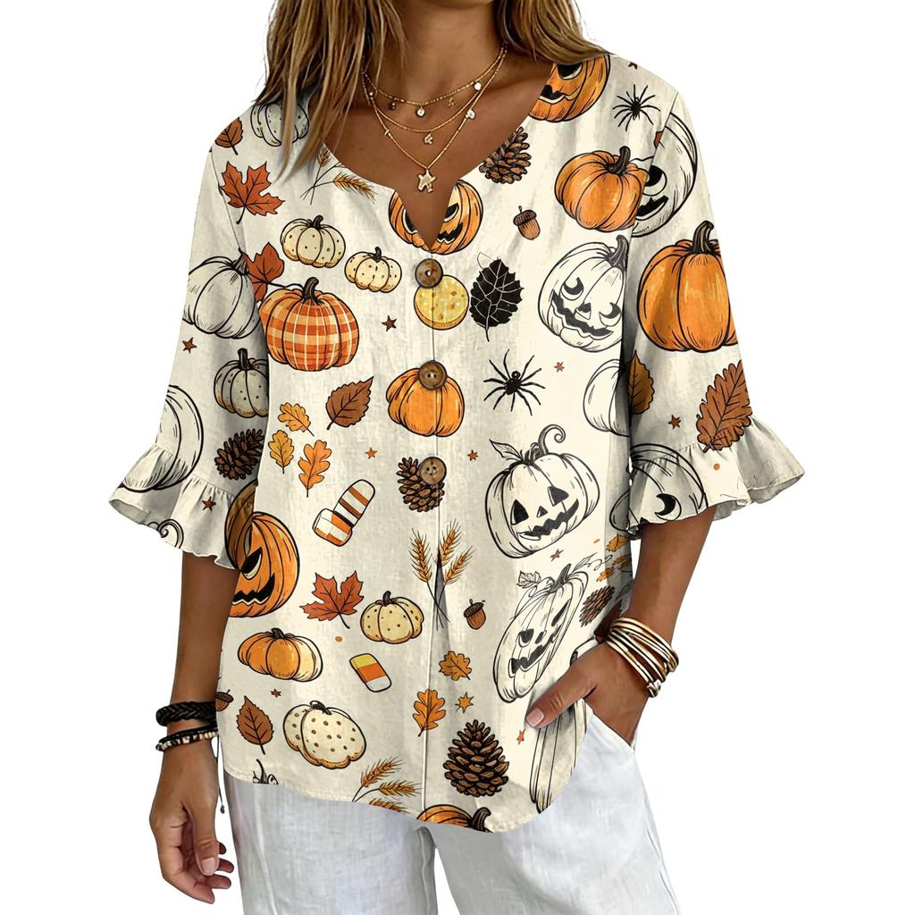 Women's Casual V-Neck Ruffle Sleeve Loose Fit Blouse, Halloween Print Top with All-Over Pattern