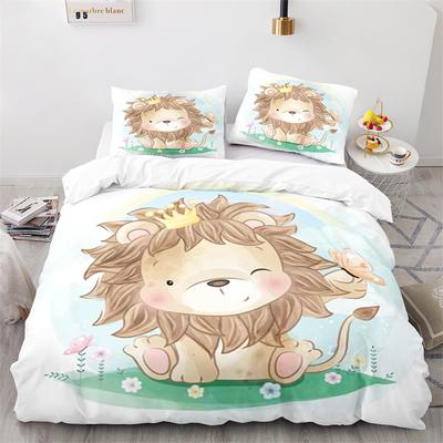 Lion Duvet Cover Set Cartoon Pattern Wild Animal Lion Cute Style Full Size Bedding Set Polyester Comforter Cover with Pillowcase