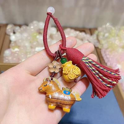 Sandalwood Carved Painted Horse Carriage Keychain Charm