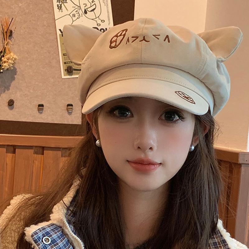 Korean Retro Cat Ear Octagonal Beret For Women Autumn And Winter Brushed And Warm
