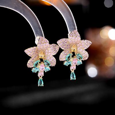 Neuer Stil Mode Ohrringe Kupfer Eingelegte Bunte Zirkonia Ohrringe Weibliche Blumenohrringe