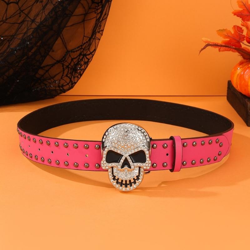 Rhinestones Skull Buckle Belt for Women Men with Rivet Studded Hiphop Belt for Jeans Popular Rockers Waist Accessories