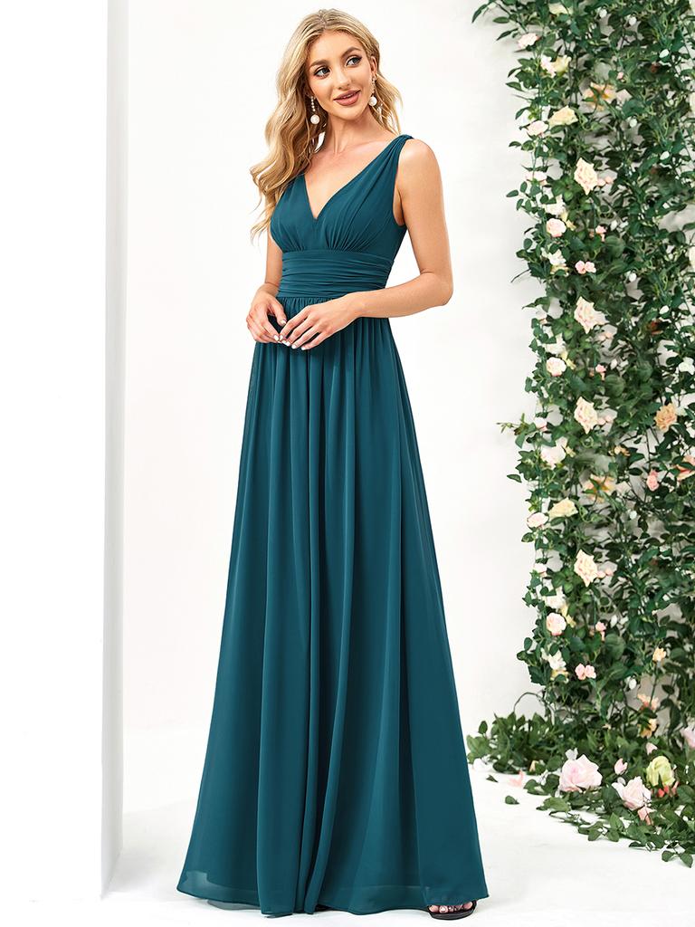 Ever-Pretty Women's Chiffon Pleated Double V-Neck Maxi Evening Dresses Sleeveless Bridesmaid Dress