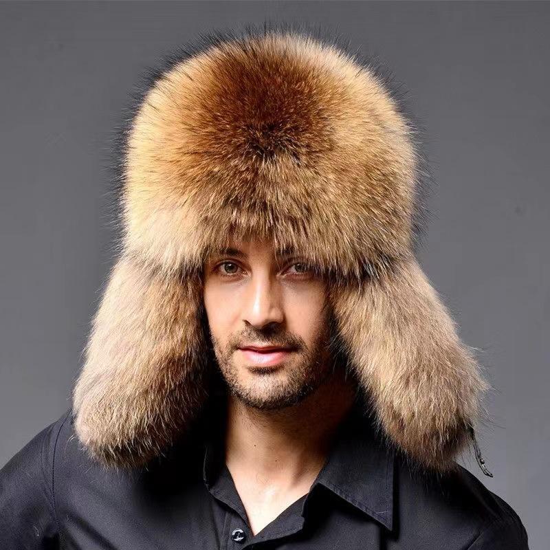 Fox hair Lei Feng hat, men's winter thickened fur cycling warm windproof ear protection hat, ski hat Russian outdoor