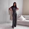 Women's Sleeveless High Waist Wide Leg Pants Set, Casual Elegant Two Piece Outfit In Beige, Brown, Charcoal