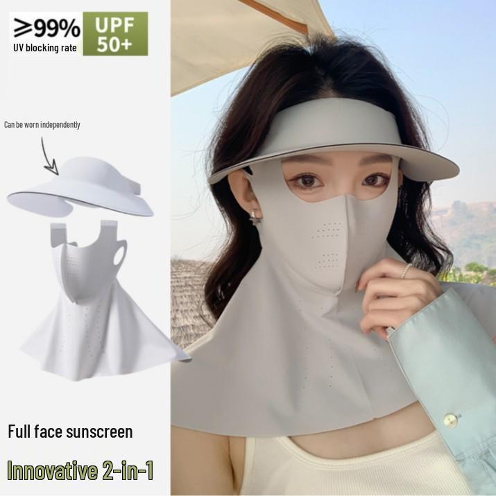 Women's UV Protection Facekini: Removable Ice Silk Mask with Brim, Full Face & Neck Shield.