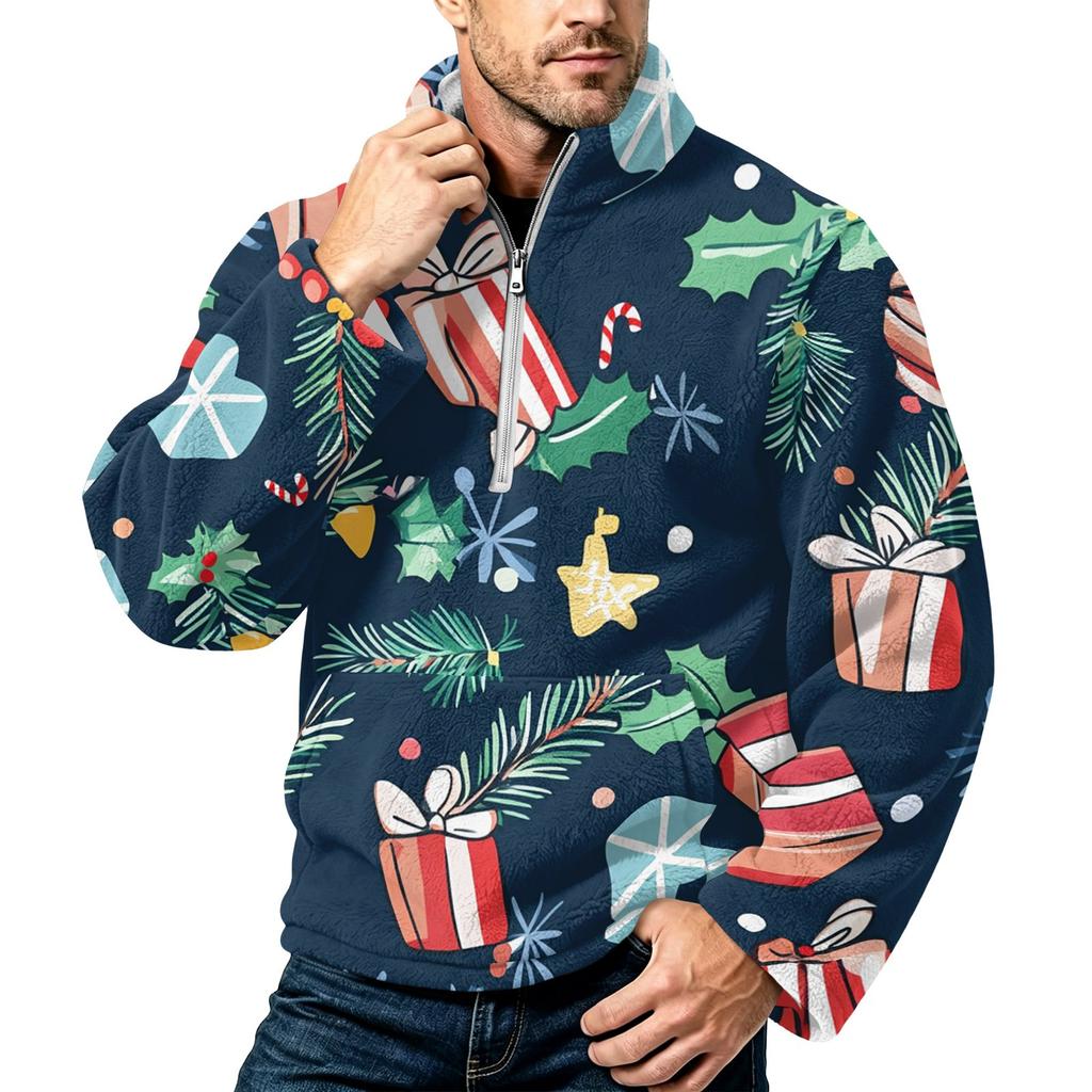 Men's Christmas Print Flannel Zip-Up Sweatshirt with Stand Collar, Plus Size Casual Top for Fall Winter