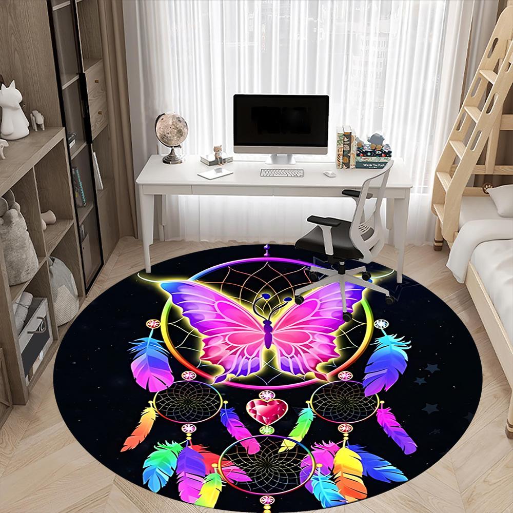 1PC Butterfly Dreamcatcher Office Round Area Rug,  Mat Suitable ForOffice, Under Office Chairs Bedroom Living Room Home Decor, Room Deco