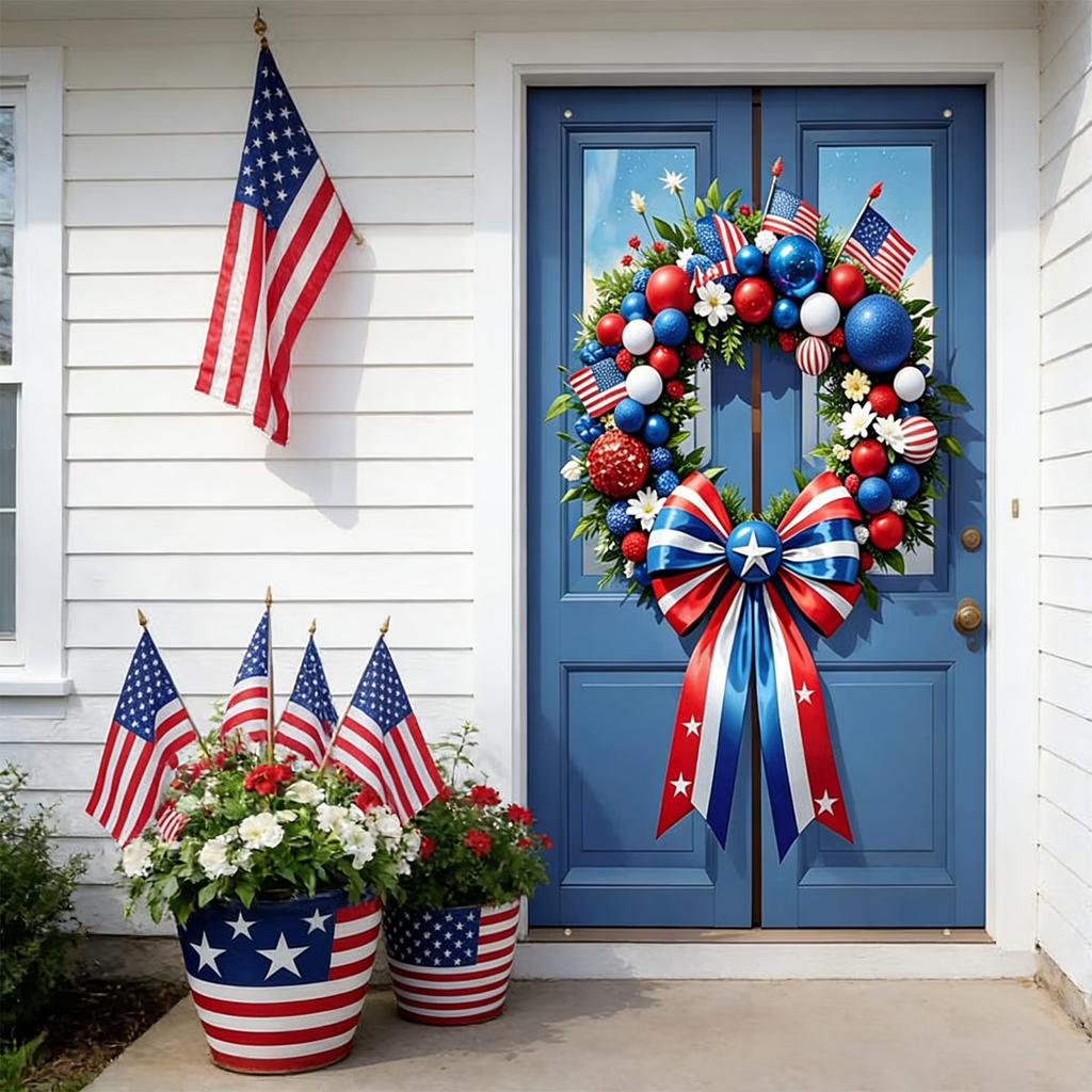 Patriotic Wreath with Decorative Bow and Star Elements for Front Door Indoor Outdoor Festival Use Holiday Decor
