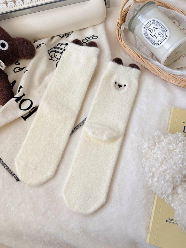 

Australian Wool Mid-Calf Women s Sleep Socks with Cute Cartoon Embroidery and Heel Pull Tab