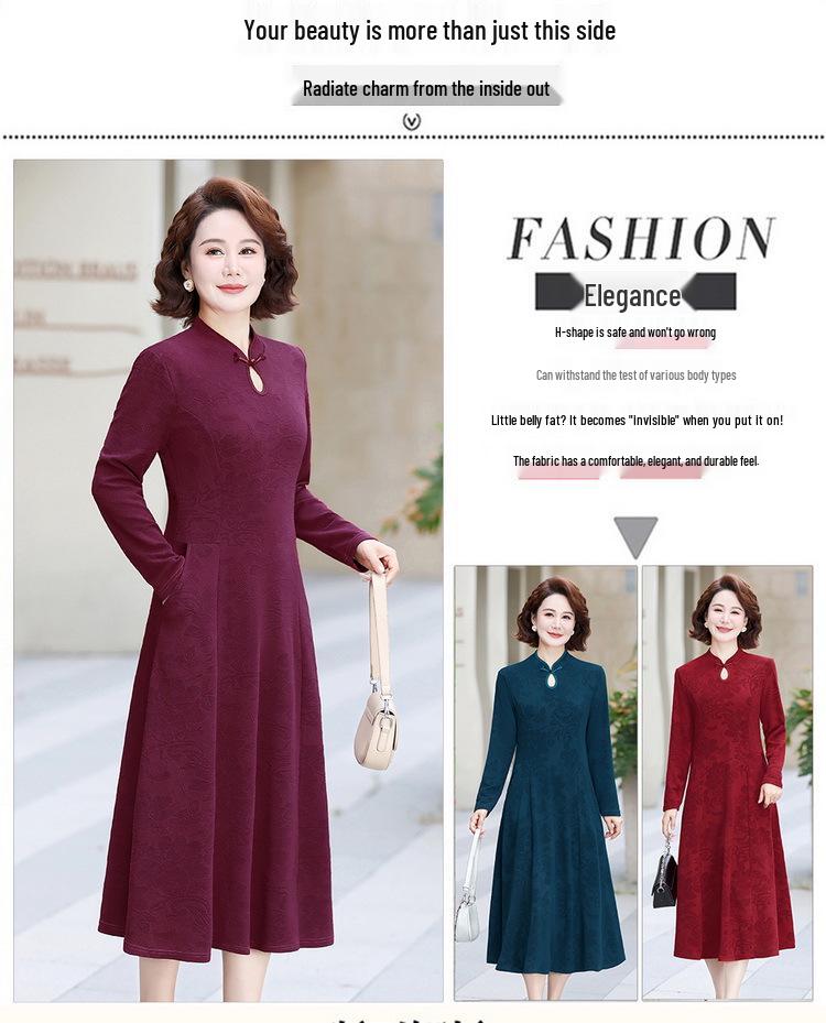 Elegant Jacquard Slimming Long Sleeve Cheongsam Midi Dress for Formal Occasions and Weddings
