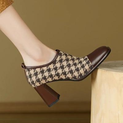 New Women's Bare Boots Costume Tweed Plaid Ankle Boots High Heels Elegant Dress Shoes Square Toe Grid Botas Mujer Winter
