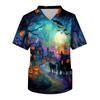 Men's Short Sleeve V-Neck Scrub Top with Chest Pocket Halloween Print