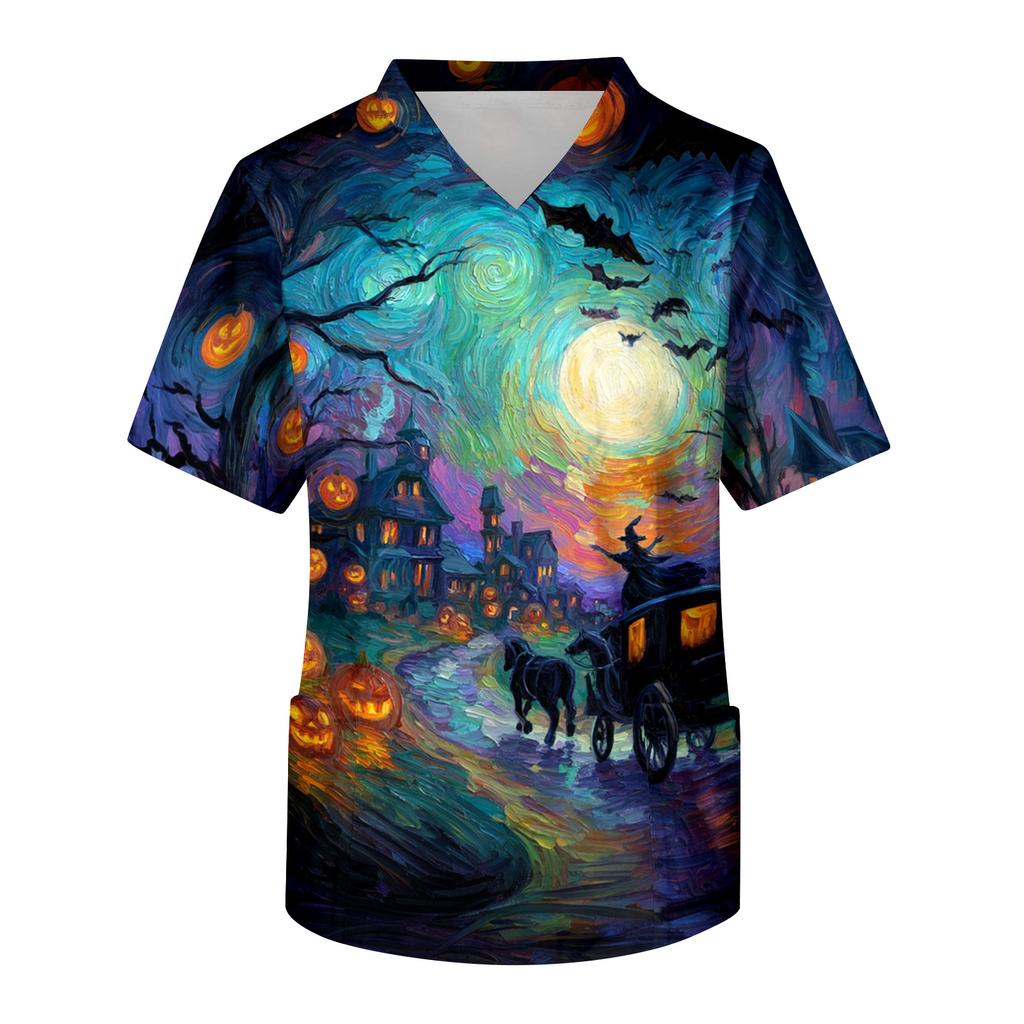Men's Short Sleeve V-Neck Scrub Top with Chest Pocket Halloween Print