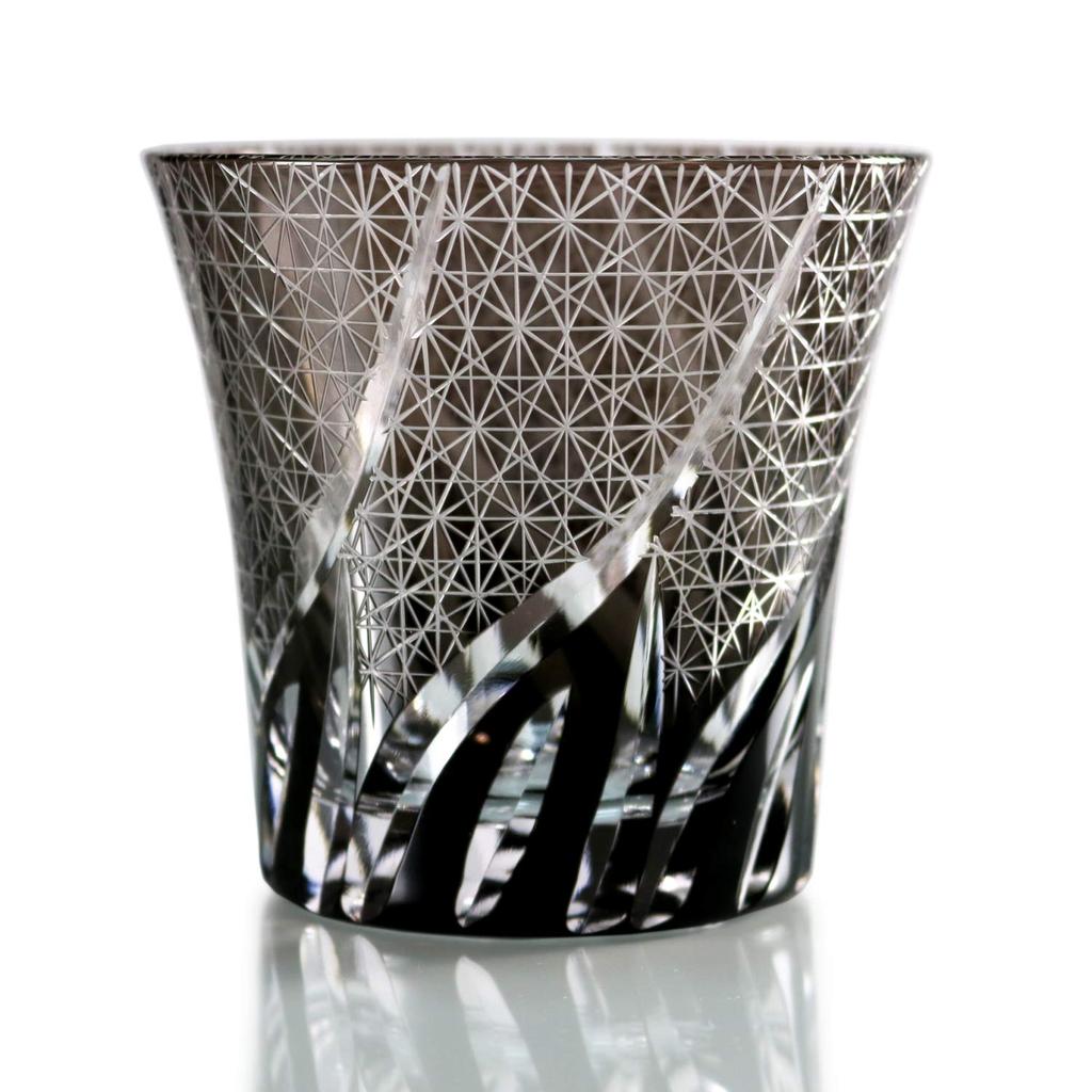 GREEM MARKET Crafts with wooden box Glasswork Kiriko Glass Cup Shochu glass Rocks glass Black Chrysanthemum connection Product GMS01856 number