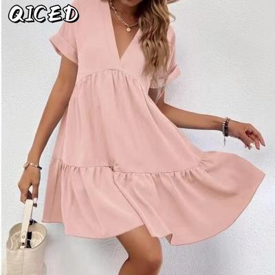 Women's Fashion Summer Spring Solid Color Print Short Sleeve V-Neck Casual Dresses