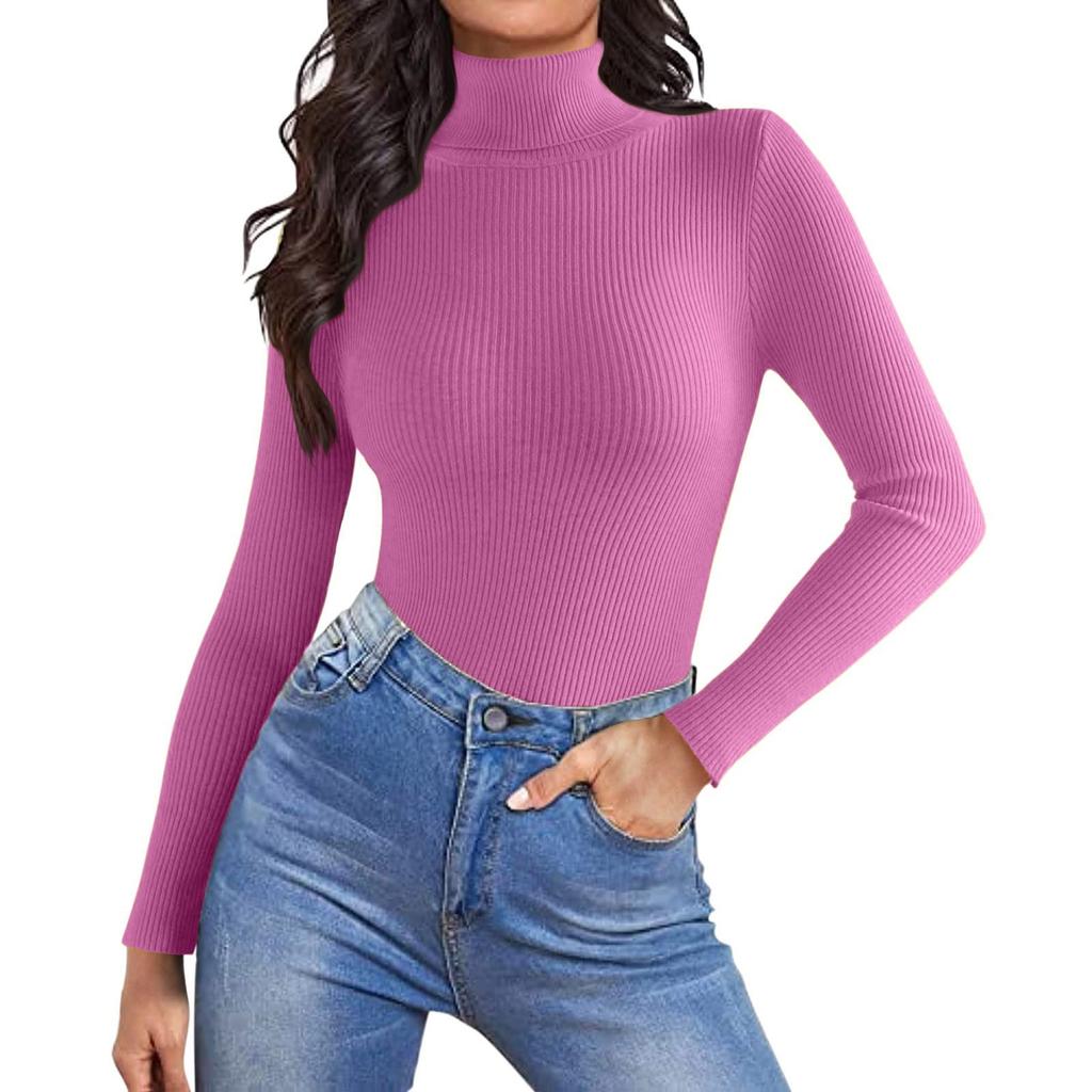 Women's Fashion High Neck Slim T-Shirt Long Sleeve Pullover Solid Colour Top