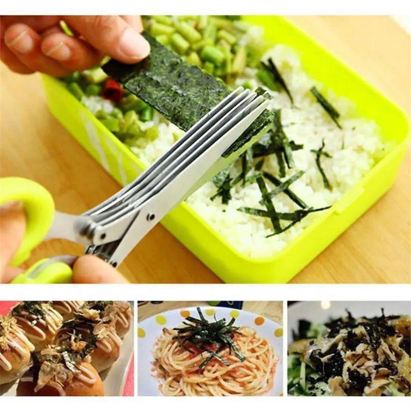 Multifunctional Stainless Steel 3/5-Layer Scallion & Seaweed Shredding Scissors - Versatile, Strong Kitchen Tool.