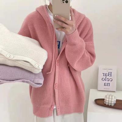 Autumn Korean Fashion Cardigan Women Single-breasted Long Sleeve Top Drawstring Hooded Knitted Sweater Coat Cardigan