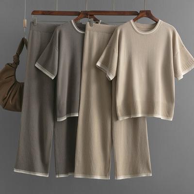 Summer New Simple and Fashionable Round Neck Short-sleeved Top Pit Strip Thin Drape Trousers Contrasting Edge Knitted Two-piece Set