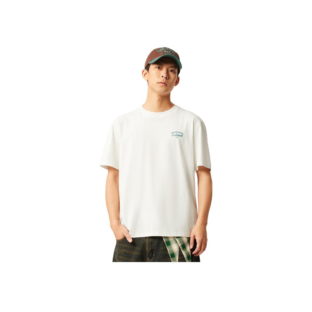 Li-Ning Comfortable Casual Minimalist Letter Print Round Neck Pullover Short Sleeve T-Shirt Men Tops Off-White AHSV233-1