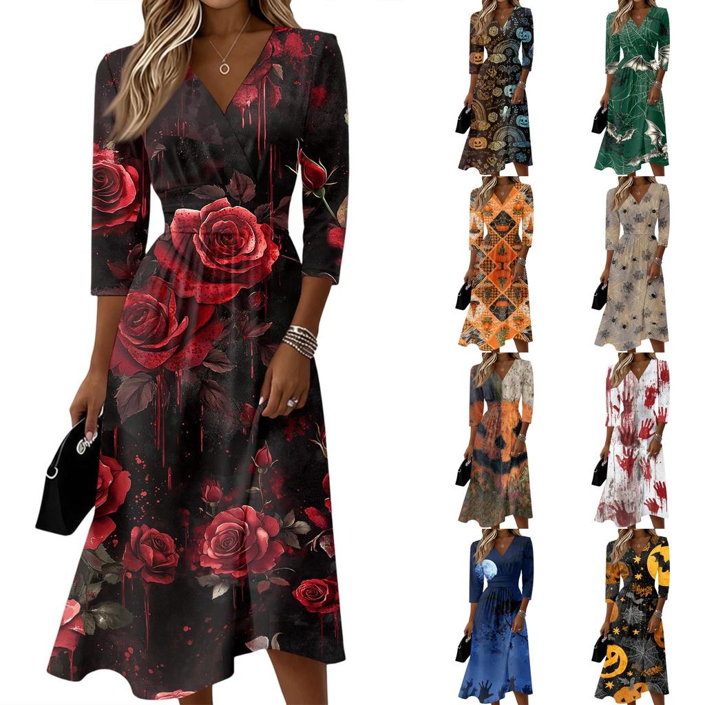Womens Casual Fashion V Neck Midi Dress Three Quarter Sleeve Back Zipper Halloween Print Dress