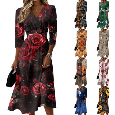 Womens Casual Fashion V Neck Midi Dress Three Quarter Sleeve Back Zipper Halloween Print Dress