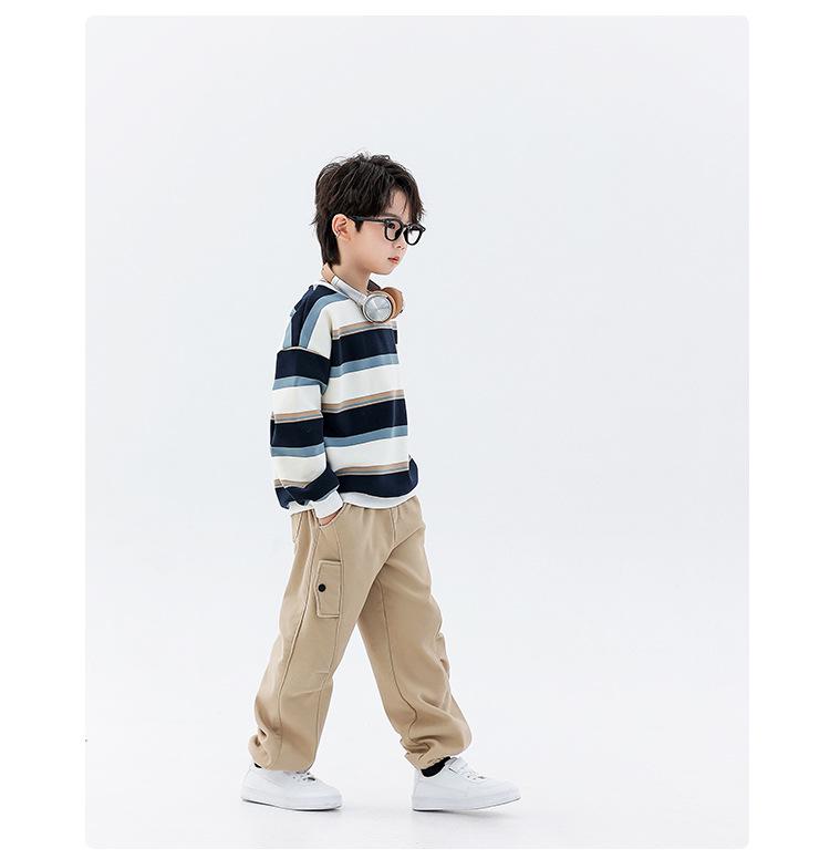 Boys' Fleece-Lined Striped Crewneck Hoodie - 2025 Autumn/Winter, Thick Long-Sleeve, Fashionable for Older Children