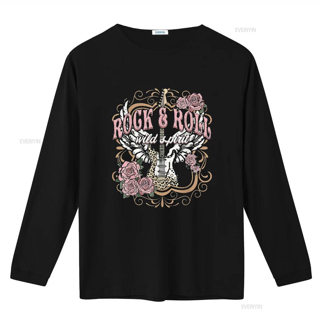 Damen Rock And Roll Wild Spirit Boho Engelsflügel Floral Gitarre T-Shirt Schwarz vintage Gewaschenes Oberteil Für den Alltag Dehnbar
