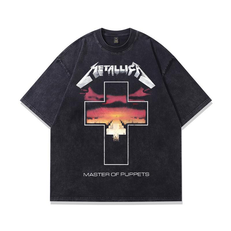 Europäisches Und Amerikanisches High Street Retro Kurzarm-T-Shirt Oversize Gewaschen Rockdruck Vintage Baumwolle Kurzarm-T-Shirt Herren