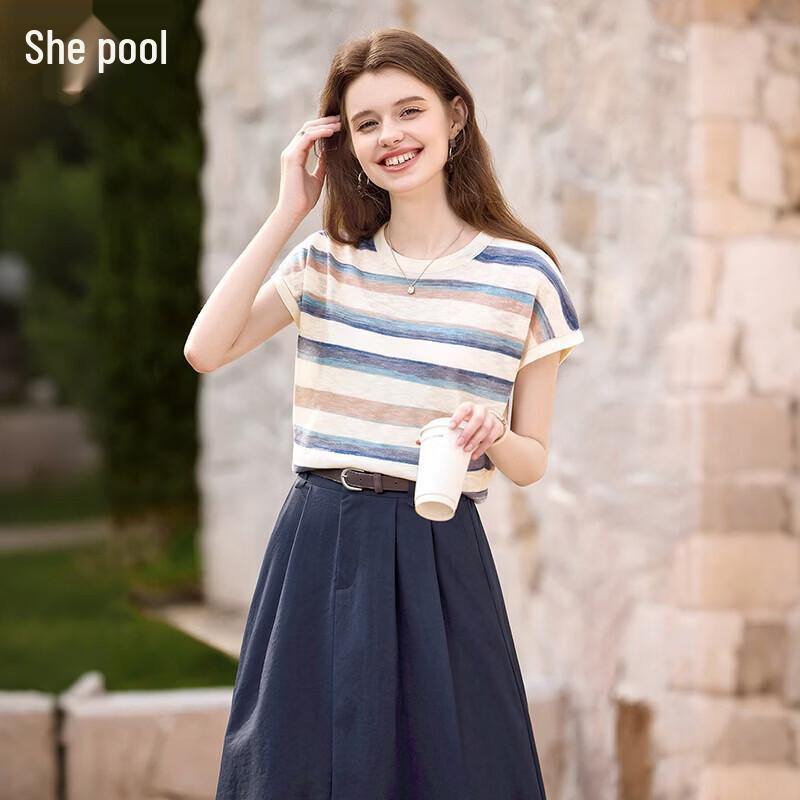 Women s Relaxed Fit Striped Ice Silk Knit T-Shirt 2XL