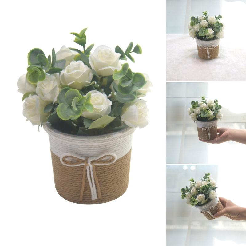 Artificial Rose Flower and Leaves Bouquets In Small Vase Faux Flowers Potted Plant for Home and Office Table Decoration