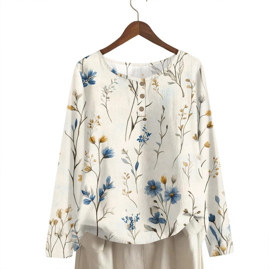 Women's Fashionable And Casual Shirt Long Sleeve Round Neck Solid-color Cotton And Linen Blouse Top