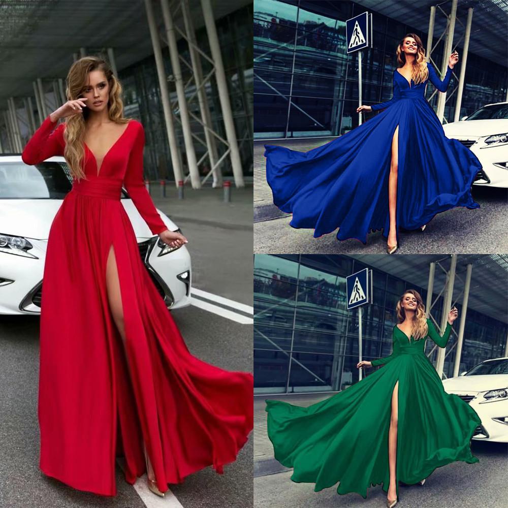 Women Deep V Neck Long Sleeve Slit Prom Gown Dress Elegant Bridesmaid Evening Maxi Dress