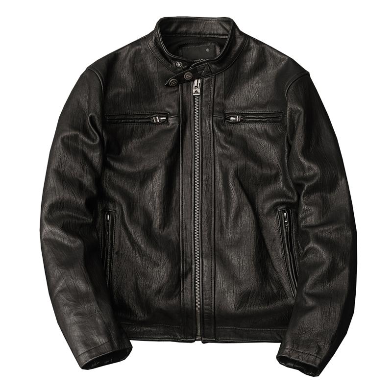 Italian Lambskin Vegetable Tanned Pure Top Grain Leather Jacket Men Retro Motorcycle Stand Collar Casual Coat