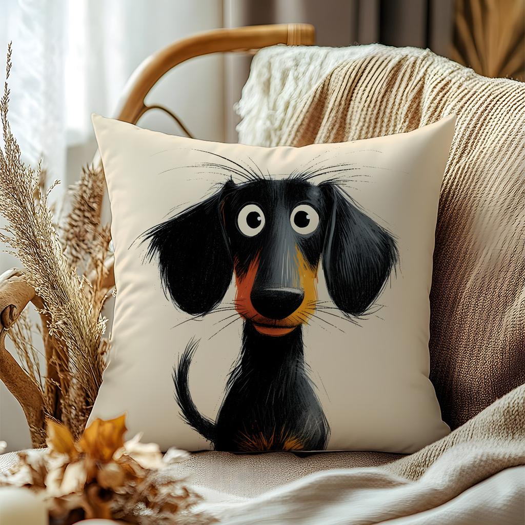 1Pc Cartoon Dachshund Themed Printed Throw Pillow Cover, Suitable For Sofa, Bedroom, Living Room, A Fun Gift For Dog Lovers.