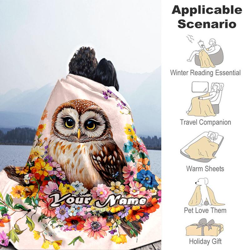 1PC Custom Name Floral Owl Art Flannel blankets Patterns Throw Blanket All-Season Soft Gift for Couch, Bed, Camping gifts